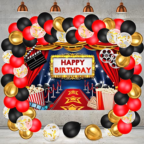 Movie Theme Party Decorations, Large Fabric Backdrop, Popcorn Foil Balloons Arch Garland Kit for Movie Night Birthday Party Event Awards Night Ceremony Photo Booth Background