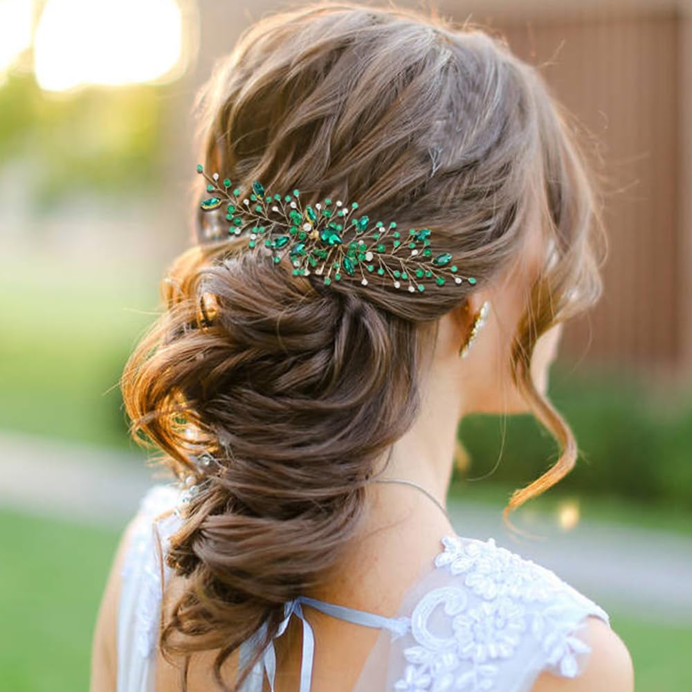 inSowni 7 Pieces Vintage Party Prom Wedding Bridal Emerald Green Beads Crystal Hair Side Combs+Rhinestone U-shaped Hair Pins Headpieces for Brides Bridesmaids Women Girls - Image 3