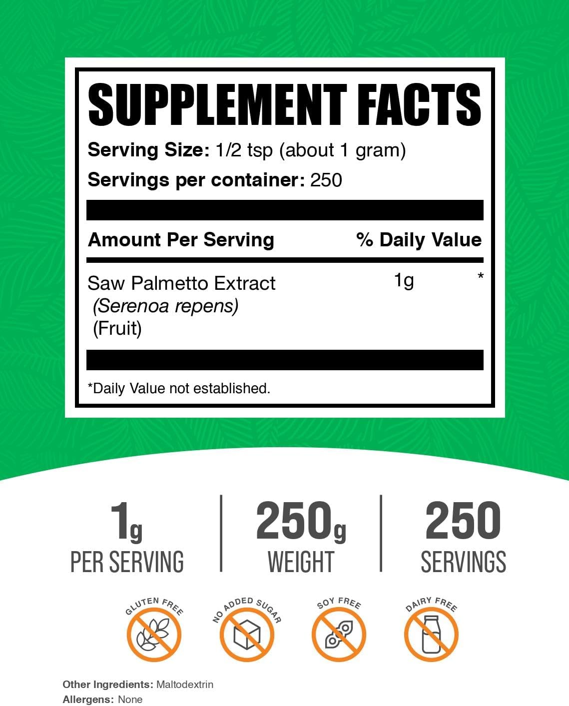 BulkSupplements.com Saw Palmetto Extract Powder - Serenoa Repens, Saw Palmetto Supplement, Herbal Supplement - Vegan & Gluten Free, 1g per Serving, 250g (8.8 oz) (Pack of 1)