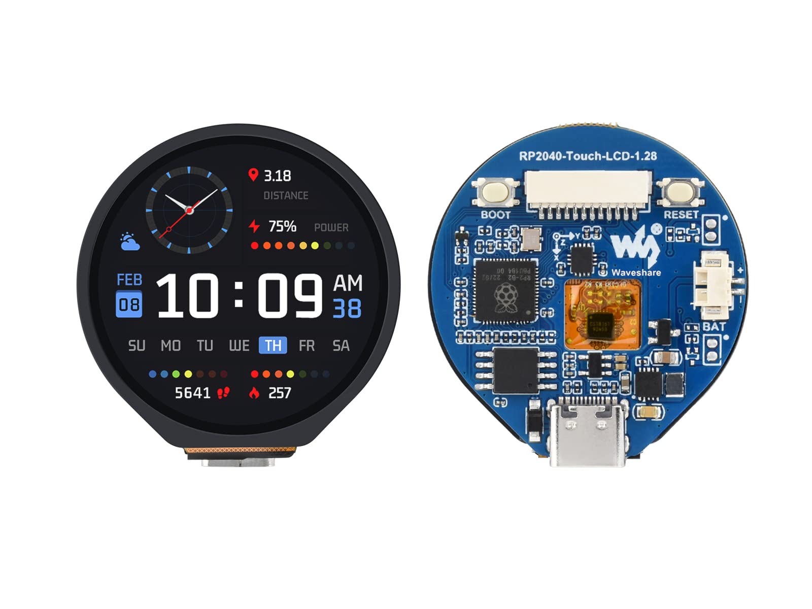 Écran Tactile Rond de 1.28 Pouce Basé sur Raspberry Pi RP2040 Puce de Microcontrôleur, Écran IPS 240x240 Pixels 65K Couleurs RGB, Connecteur Type-C Intégré, Capteur d'accéléromètre, etc.