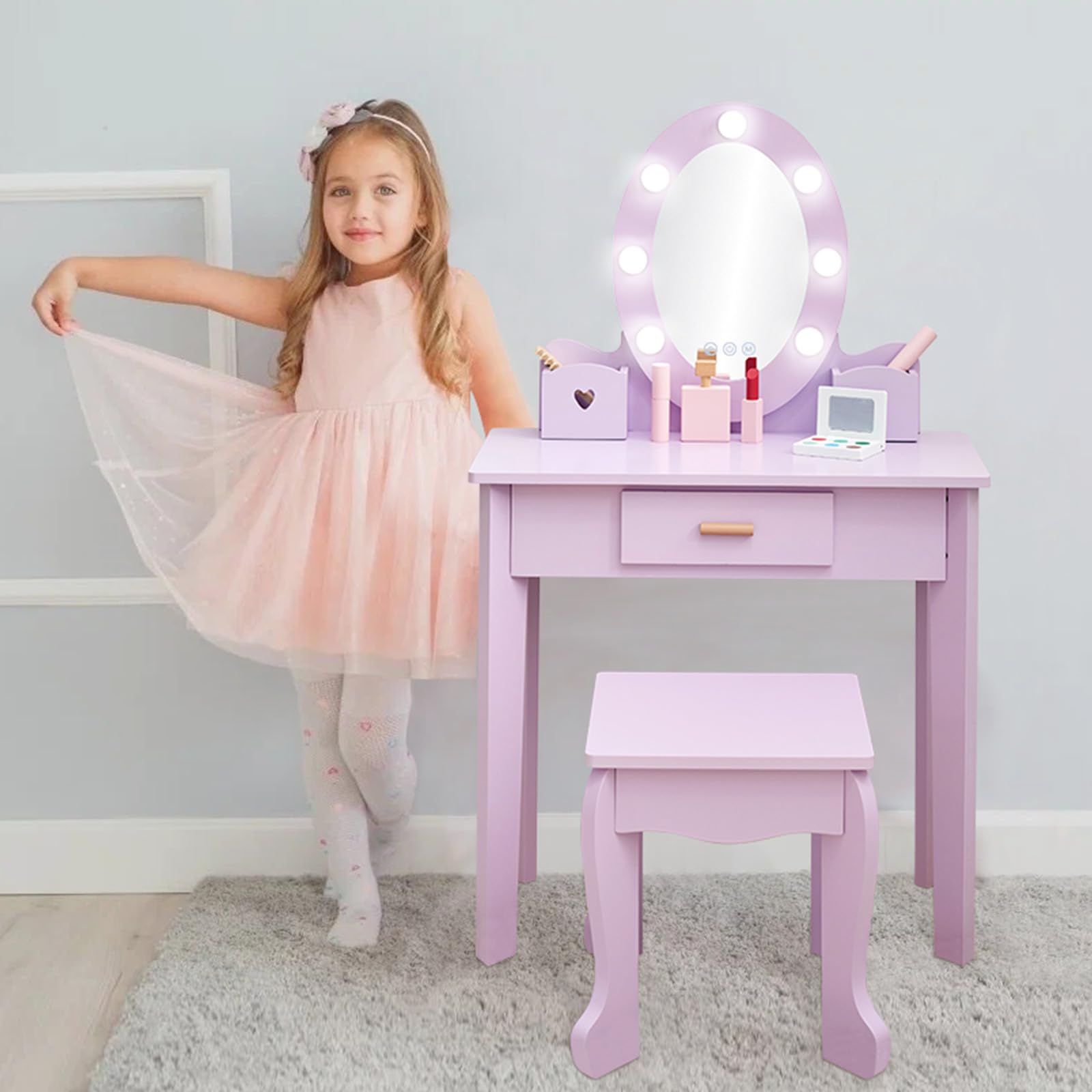Garvee Kinder Schminktisch mit Licht und Hocker, schminktisch ab 4 Jahren mit Beleuchtung, Prinzessinnen Design in Lila – kinderschminktisch mit Schublade & Fächern für Mädchen