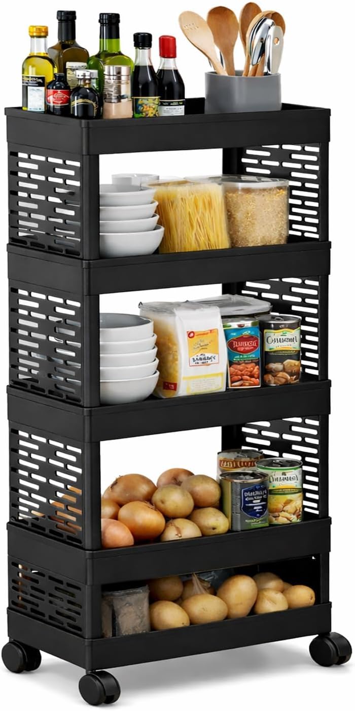 Leteuke ABS Multi -Layer Kitchen Rack | Multipurpose Shelf for Utensils, Cutlery & Spices | Space-Saving Organizer for Home & Pantry Shelf Liner for Kitchen, Black (Black Plastic, 4)
