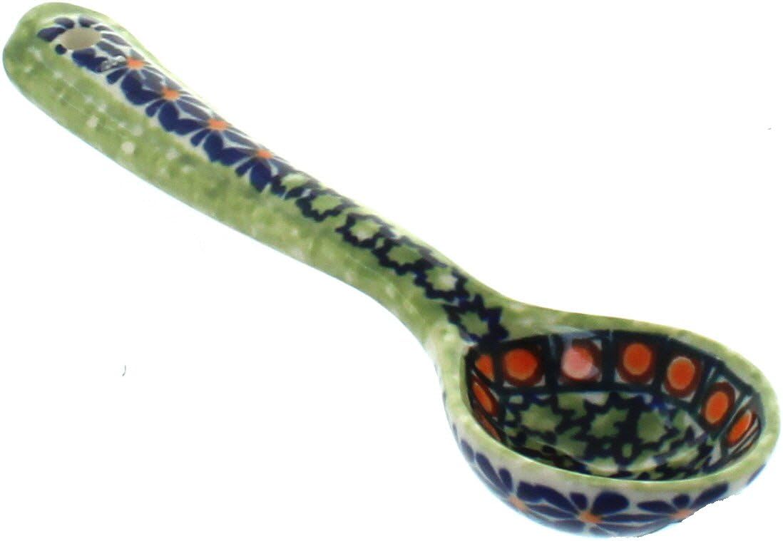 Blue Rose Polish Pottery - Green Mosaic Flower Teaspoon - 6" Long - Ceramic Teaspoon for Coffee, Tea, Sugar & Condiments