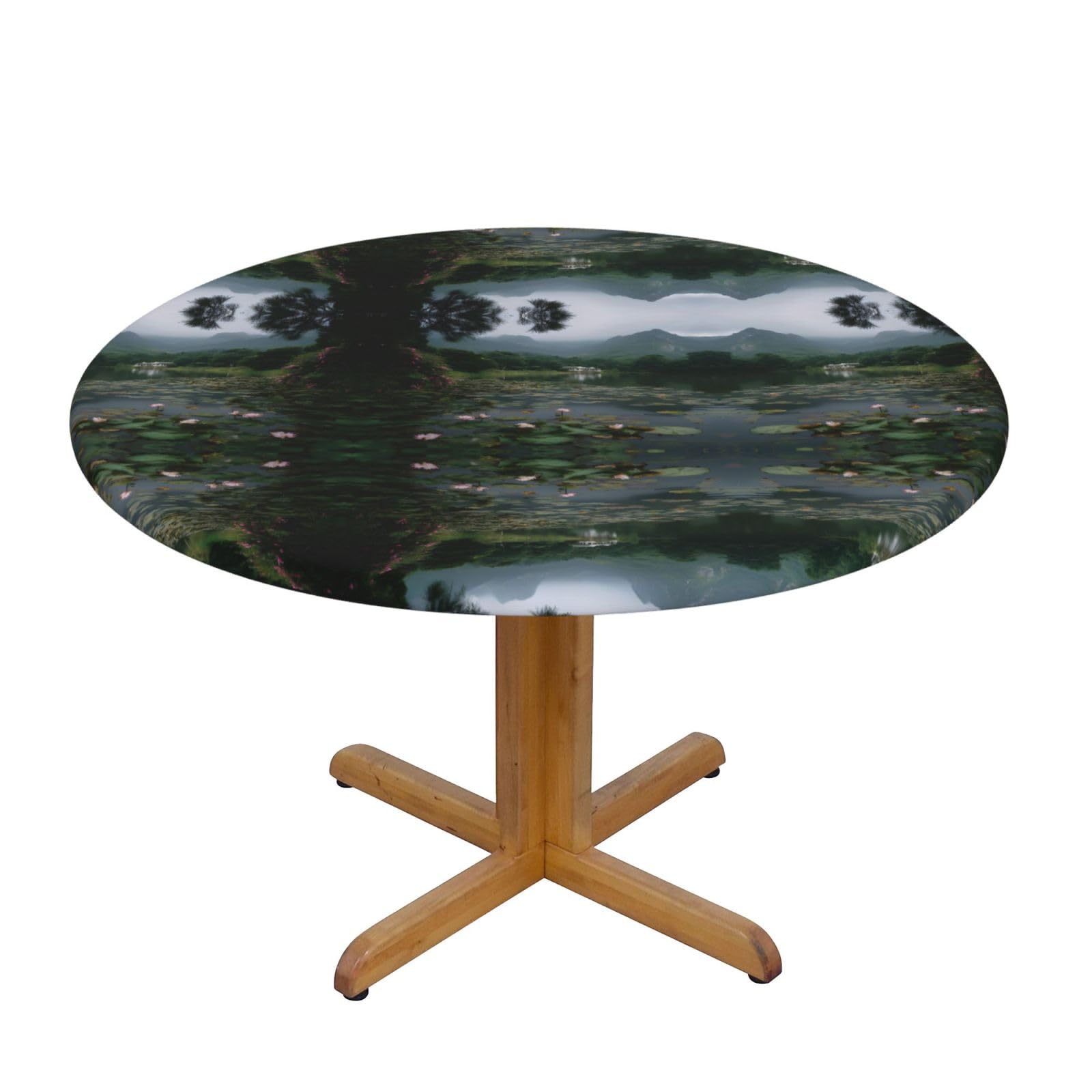 EZDLOWVBA Gaoshan Lake print Round Tablecloth with Elastic Fits Tables Outdoor Tablecloth,Stain Resistant Table Cover for Kitchen Dining Parties