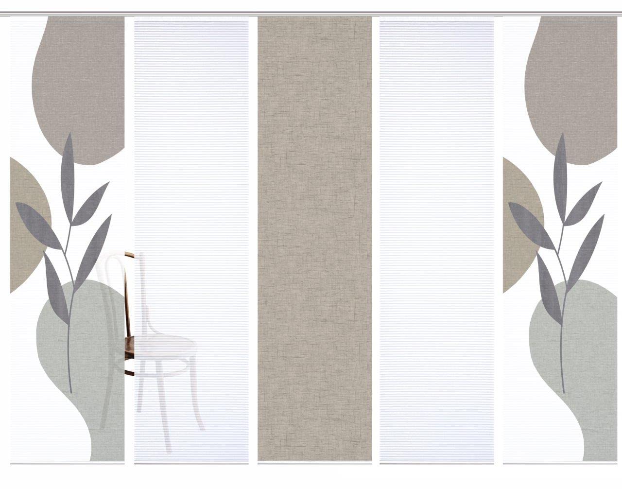 84074 FRONDA Schiebegardine, recyceltem Polyester 245x60 cm, Farbe:Stein, Größe:245 x 60 cm, Anzahl:5er Set (2X Bedruckt. 2X Uni. 1x Uni)
