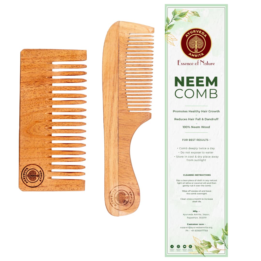 Ayurveda AmritaOrganic Short DeTangle & Rounded Handle Neem Wood Comb for Stimulating Hair Growth, Helps in Dandruff Removal