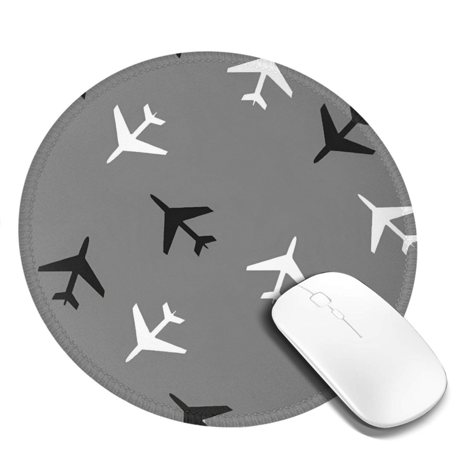 Mouse Pad Black White Plane Mouse Pads for Desk with Non-Slip Rubber Base Office Computer Round Mousepad Mouse Mat for Home Office Desk Accessories, Airplane