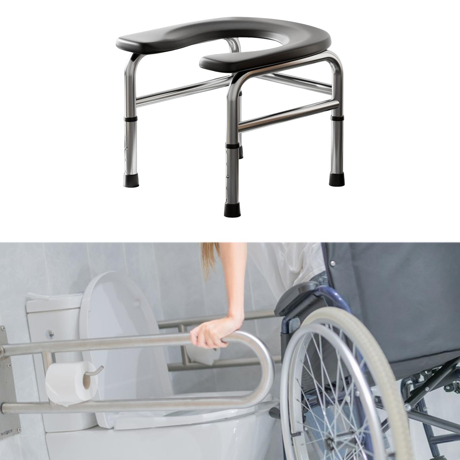 Asiento de Inodoro Elevado, Taburete con Orinal Portátil, Base Estable, Altura Ajustable para Baño, Negro