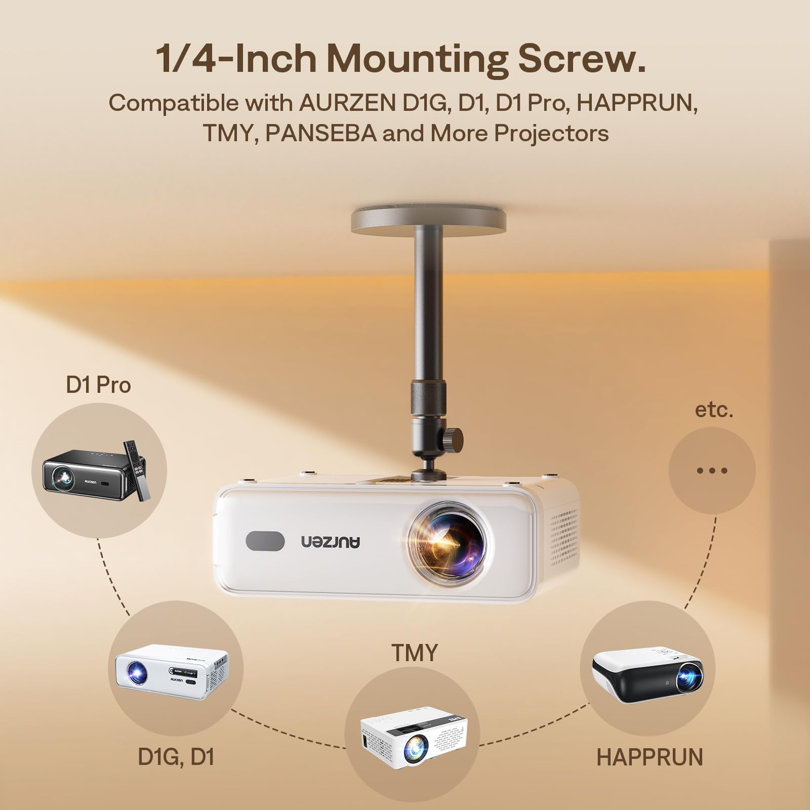Aurzen Staffa di montaggio a soffitto per proiettore, rotazione a 360° e inclinazione di 90°, lunghezza regolabile da 22,9 a 38,1 cm, vite da ¼", compatibile con TMY, HAPPRUN, Yaber, Epson e la