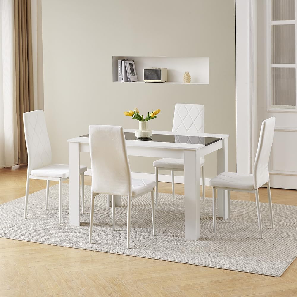 Homullel 120 cm Dining Table and 4 Chairs, 4 Seater Table and Chairs Set, Kitchen Dining Room Set for 4, Compact, Space Saving (Flannel White #2, 120cm, 4 Seats)