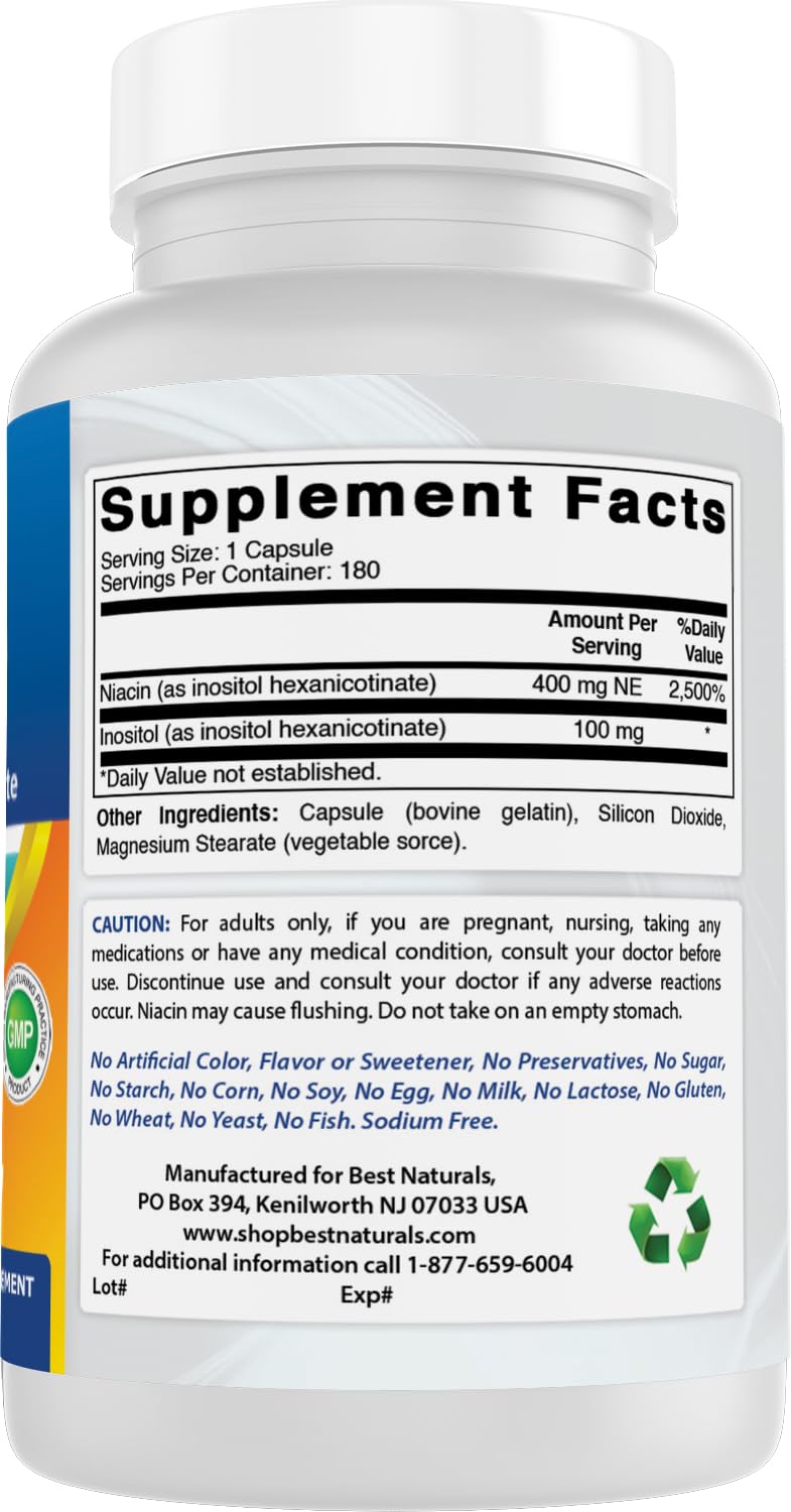 Best Naturals Flush-Free Niacin Inositol Hexanicotinate 500 mg 180 Capsules — Amazon image 6