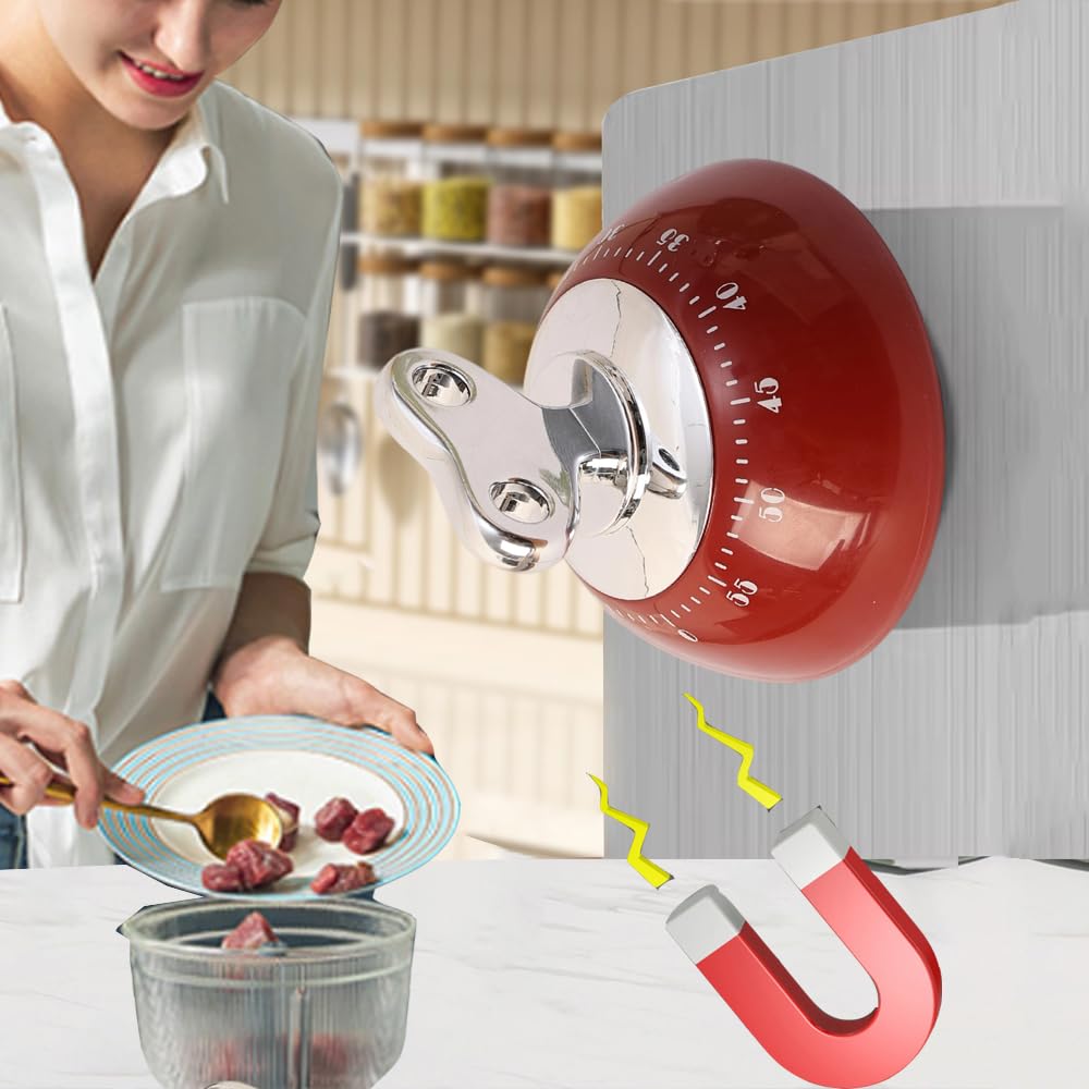 1PCS Magnetic Kitchen Timer Digital Timer Manual Countdown Alarm Clock Mechanical Cooking Timers Cooking Shower,7.6 * 6.5cm (Red)