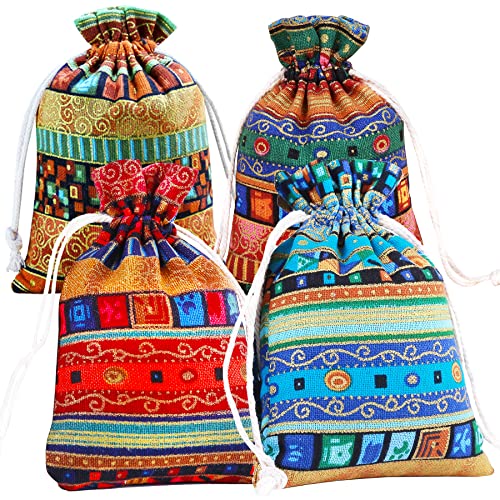 PINOWU Ethnic Style Drawstring Gift Bag 5x7 Cotton Reusable Pouches (12pcs) Jewelry Coin Storage Pouch Eco-Friendly Sachet Bags for Candy Wedding Party Valentine Favors