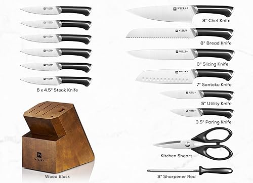 Miniatura 6 de WIZEKA Juego de cuchillos de cocina de acero inoxidable de alto carbono, juego de bloques de cuchillos ultra afilados con afilador, negro, serie