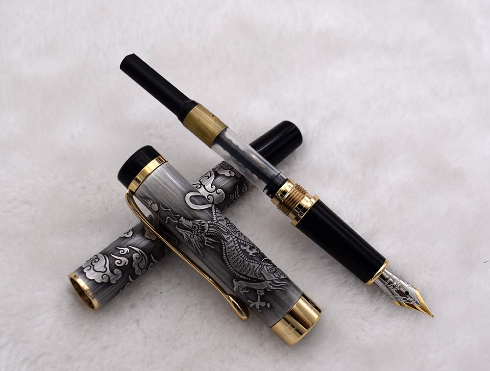 Jinhao 5000 Stylo plume Dragon gris, pointe moyenne, stylos de calligraphie avec convertisseur de recharge d'encre, stylos exécutifs pour signature d'entreprise et collection