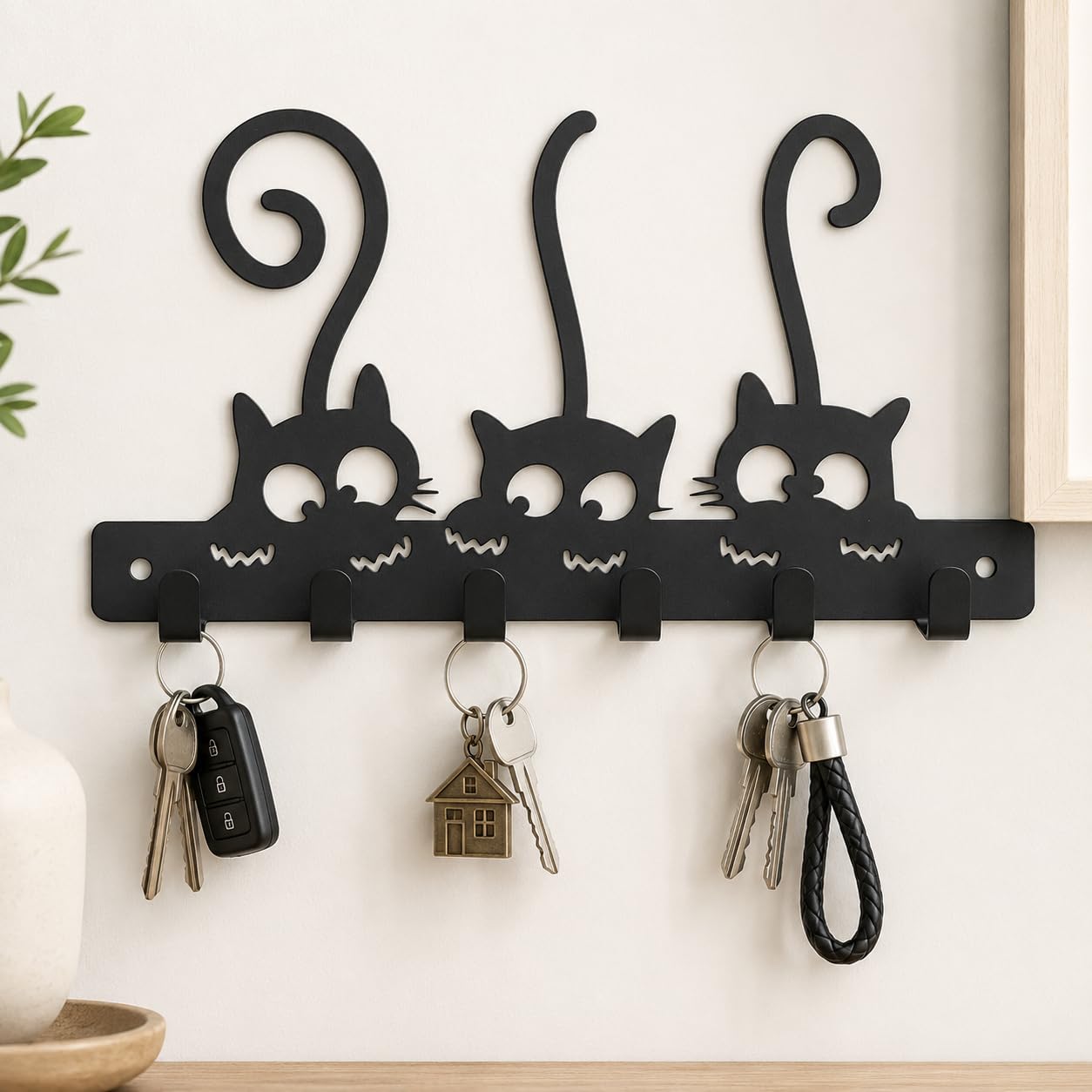 Key Holder for Home, Metal Wall Mounted, 6 Hooks (Kitty Pow) | Cat Design, Includes Mounting Screws, For Home Use, 6 Hook Hanger, Metal Construction-image-2