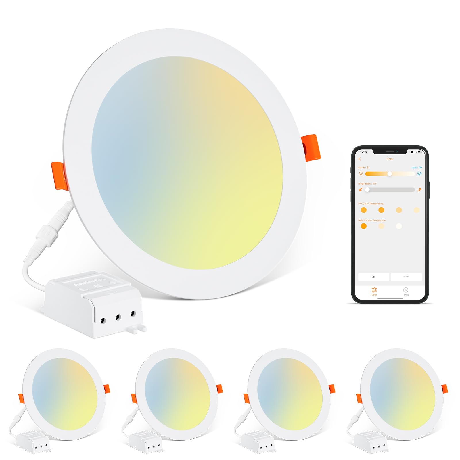 4 Pack 6 Inch LED Recessed Ceiling Light Work with Alexa,2700K to 6000K Selectable, Dimmable 16W=150W, 1350LM High Brightness, Canless Wafer Downlights with Junction Box, Energy Star/ETL/FCC Listed
