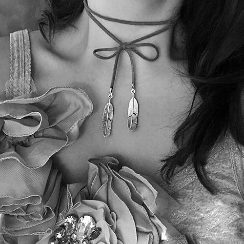 Miniatura 5 de Doubnine Gargantilla de plumas bohemia, versátil, de gamuza vegana, Lariat, gótico, marrón, negro, accesorios para mujer (cordón marrón + pluma
