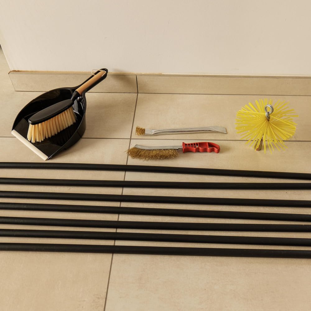 Kit ramonage cheminée - 12 pièces - Hérisson PVC - 7 cannes souples 1m40-2 brosses - Pelle - Conduit inox souple ou rigide - 15 cm