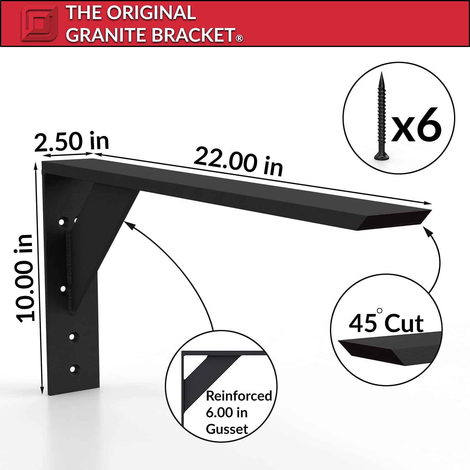 The Original Granite Bracket Solid Heavy Duty Large Shelf Bracket Black Aluminum, 22x10 Inches