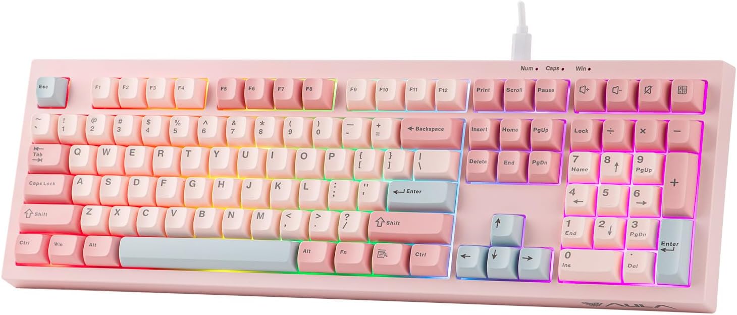 MechLands Aula S102 Membrane Gaming Keyboard with Number Pad, 100% Full Size Layout, USB-C Wired, RGB Backlit, Creamy Silicone Structure, Silent Keyboard for PC Game/Office (Pink)