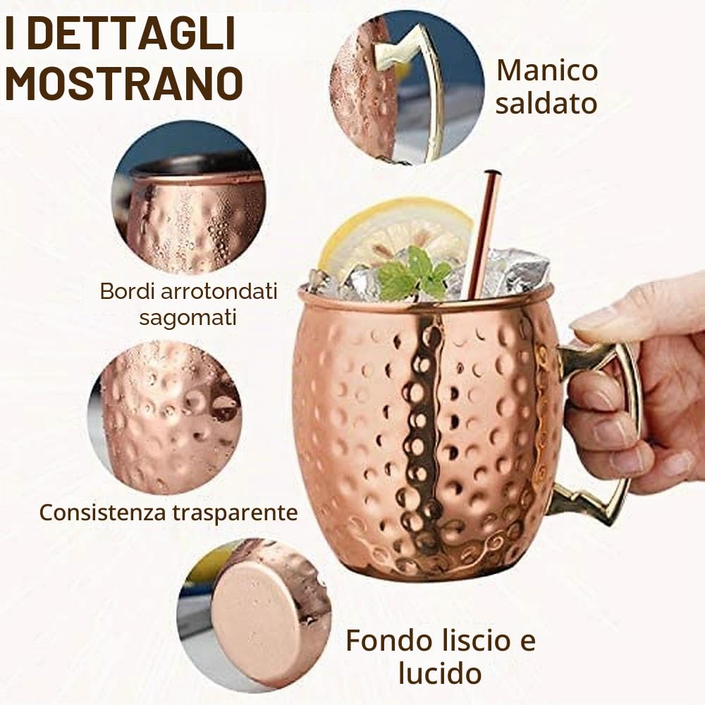 Set di 2 tazze per Moscow Mule in rame 532 ml acciaio inossidabile martellate cocktail