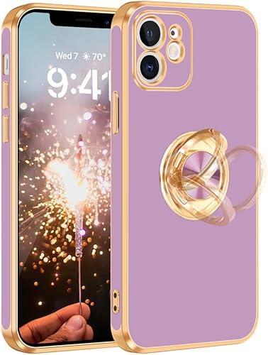 Fingic Funda para iPhone 11 iPhone 11 con soporte de anillo soporte de anillo giratorio de 360 borde dorado chapado brillante Funda protectora