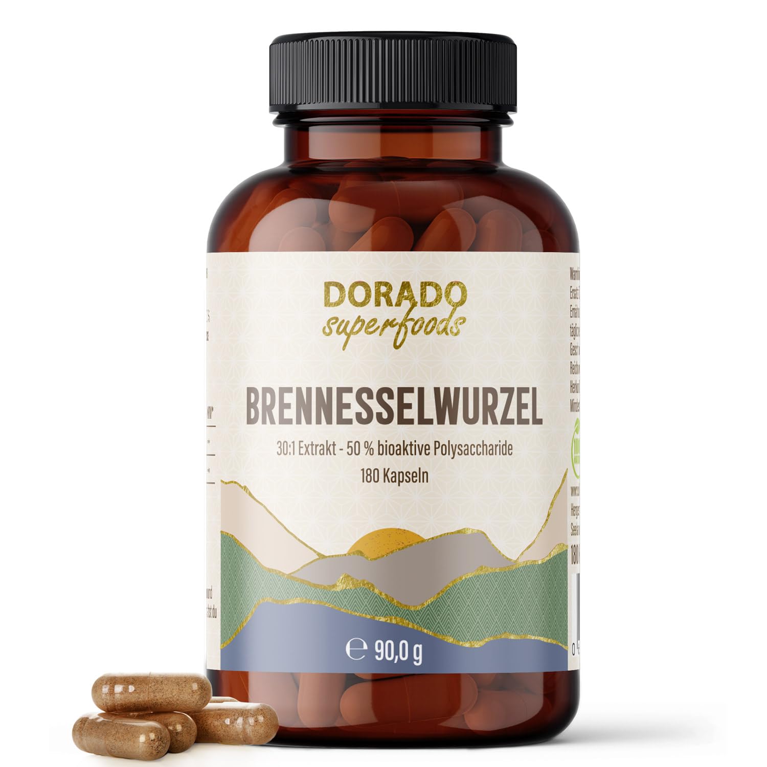 Brennnessel Wurzel Kapseln Hochdosiert – 400 mg 30:1 Extrakt pro Kapsel | 1.200 mg Tagesdosis | Entspricht 36.000 mg Rohwurzel | 50% Polysaccharide | 180 Vegane Kapseln | Dorado Superfoods®