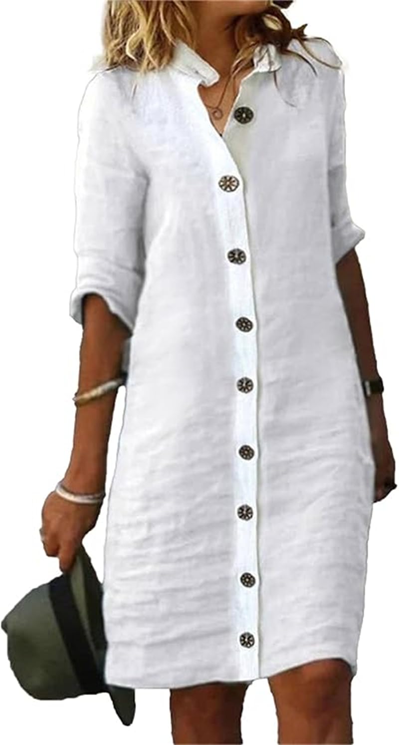 Women's Summer Button Down Linen Shirt Dress Casual Half Sleeve V Neck Vintage Solid Midi Dresses