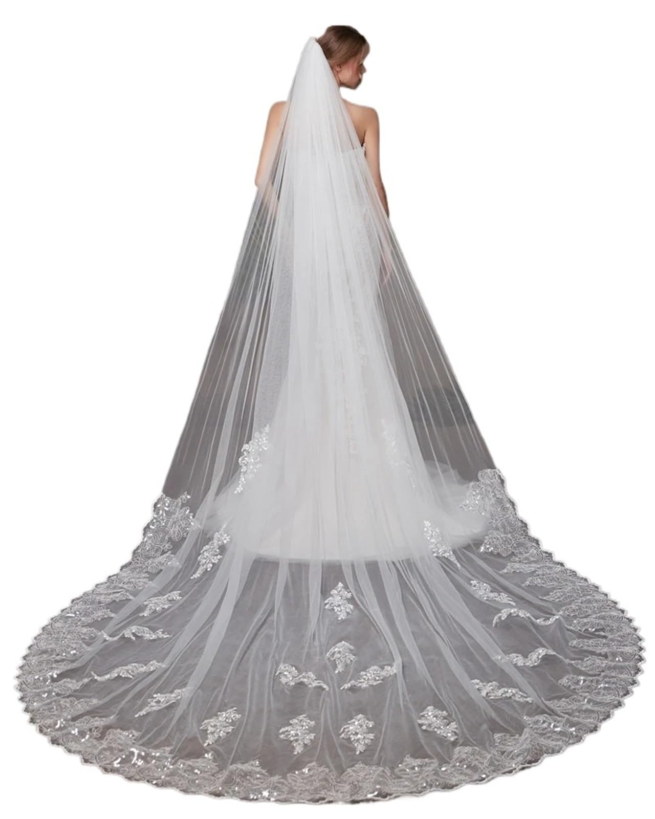 Generico Veli da sposa con applicazioni in pizzo e paillettes da 3 metri, accessori da sposa a 1 strato, copricapo da sposa, Novia Velos Welon