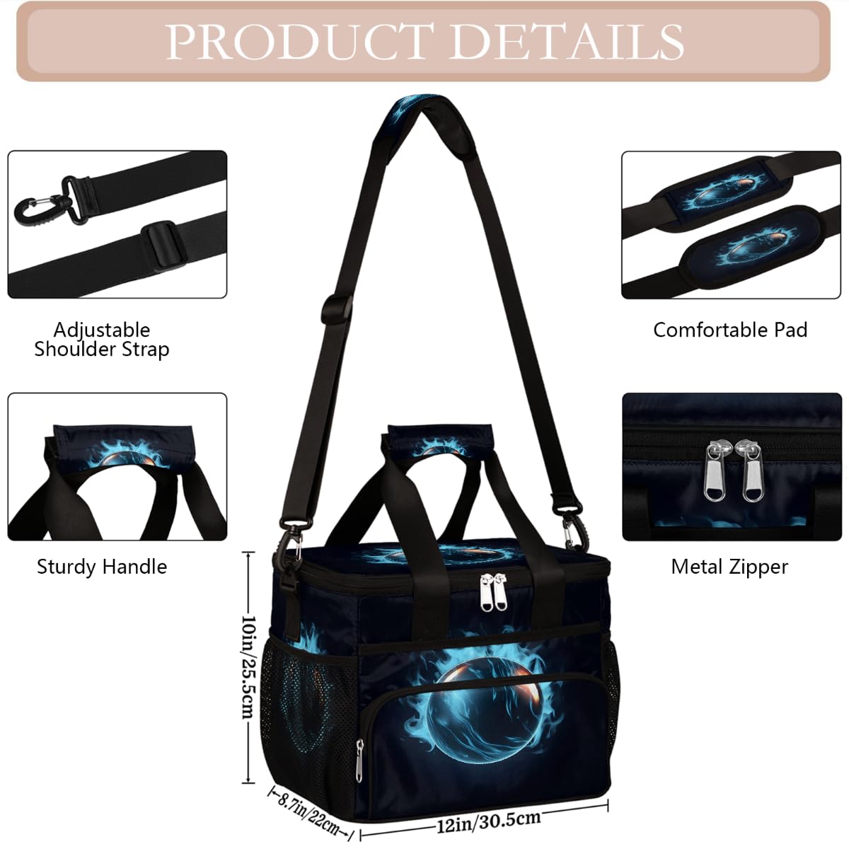 Mexpekil Borsa termica termica a prova di perdite, riutilizzabile, con motivo a palline, picnic, per donne, uomini, lavoro, campeggio, spiaggia, ufficio, 24 lattine, 15 l