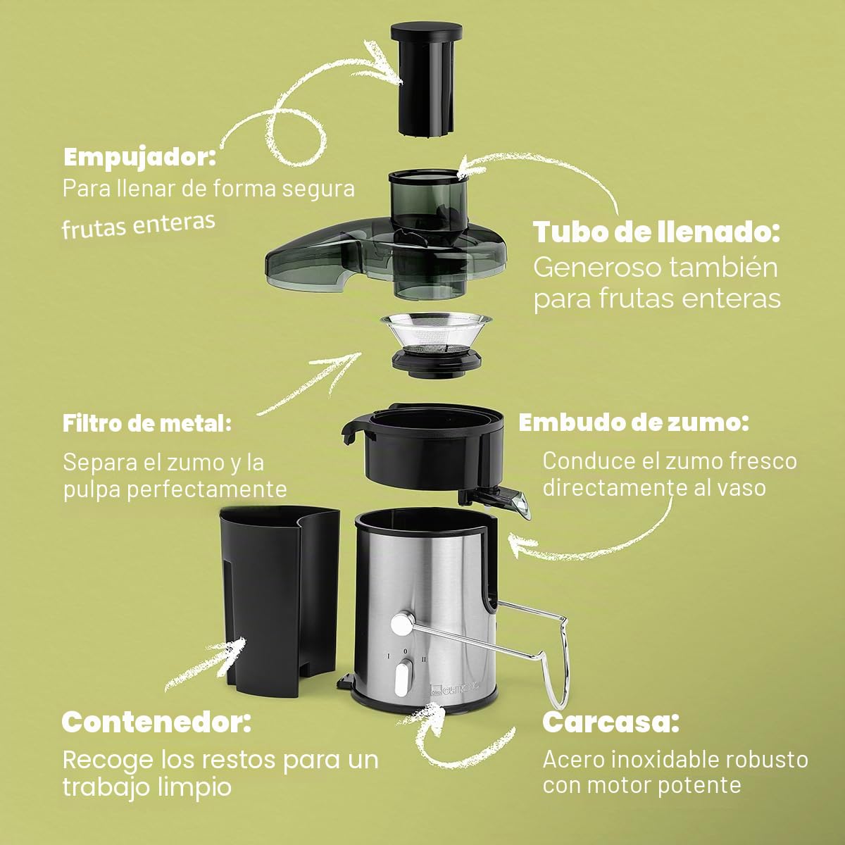 Clatronic AE 3666 - Licuadora para verduras y frutas, 2 velocidades, acero inoxidable, 400 W, color gris