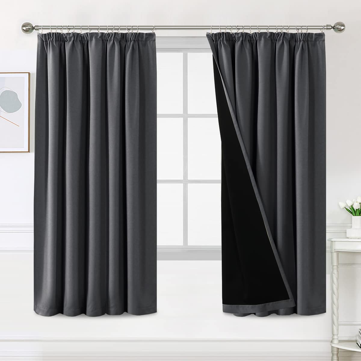 Bellahills Charcoal Grey 100% Blackout Curtains For Bedroom Thermal Insulated Curtains & Drapes Blackout Curtains Pencil Pleat Curtains For Living Room With Black Liner 2 Panels, 66 X 72 Inch,