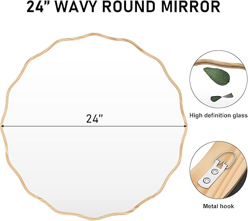 Miniatura 12 de Espejo redondo decorativo para pared de 28 pulgadas, moderno espejo ondulado dorado con marco de madera, espejo de pared circular para baño