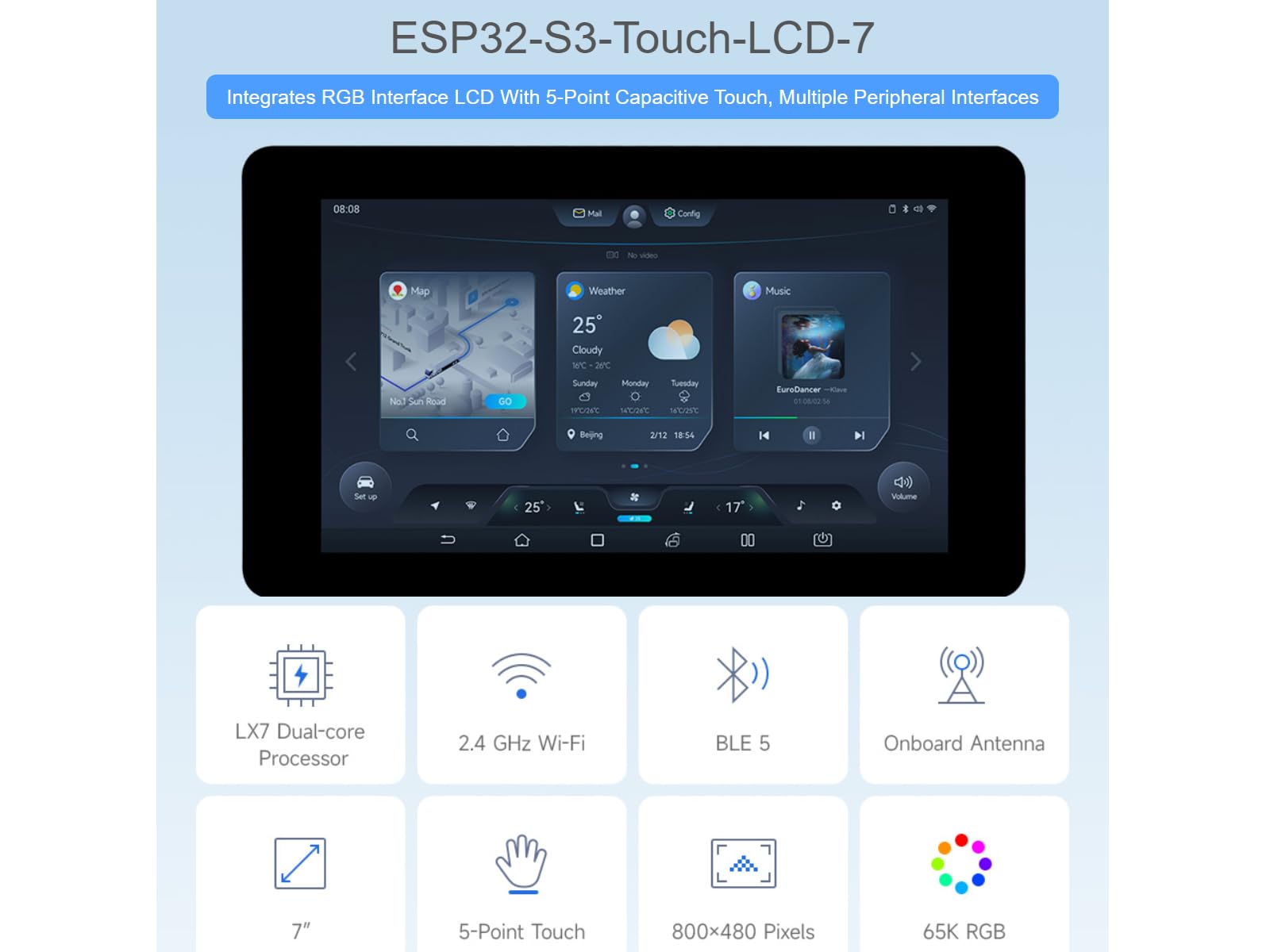 Waveshare ESP32-S3 7inch Capacitive Touch Display Development Board,ESP32 with 800×480 Resolution 65k RGB 7 Inch LCD Screen,5-Point Touch,Supports WiFi & Bluetooth