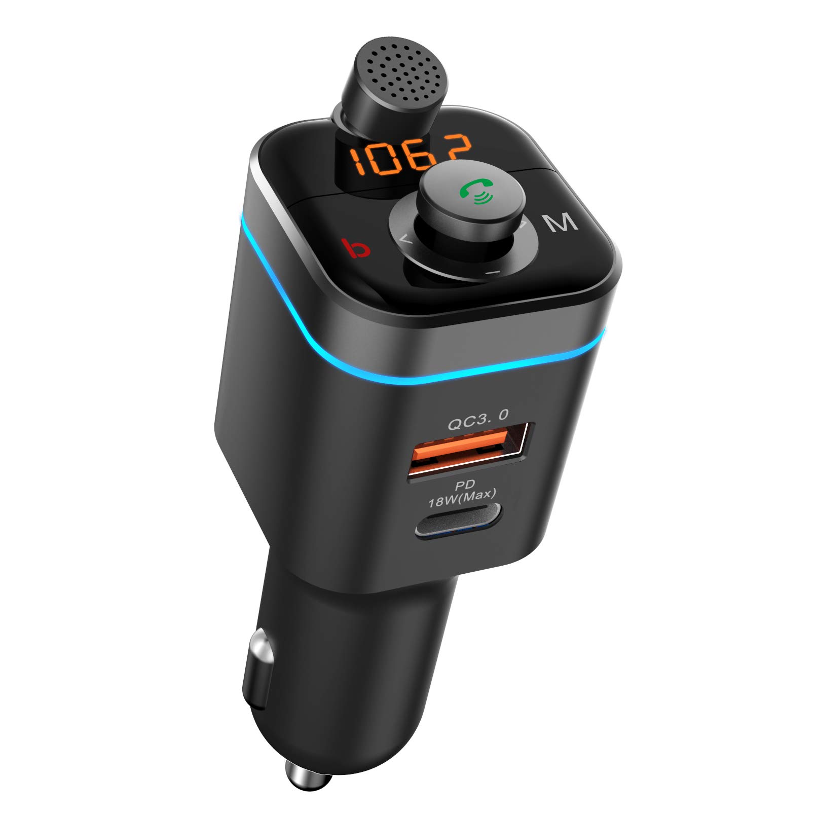 Bluetooth 5.0 FM Transmitter for Car, QC3.0+Type-C PD 18W Wireless Bluetooth FM Radio Adapter Bass Sound Music Player FM Car Kit with Hands-Free Calling