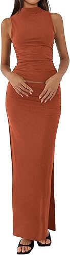 BTFBM Summer Two Piece Skirt Set for Women 2025 Dressy Lightweight Sleeveless Knit Top Going Out Split Maxi Skirt Set