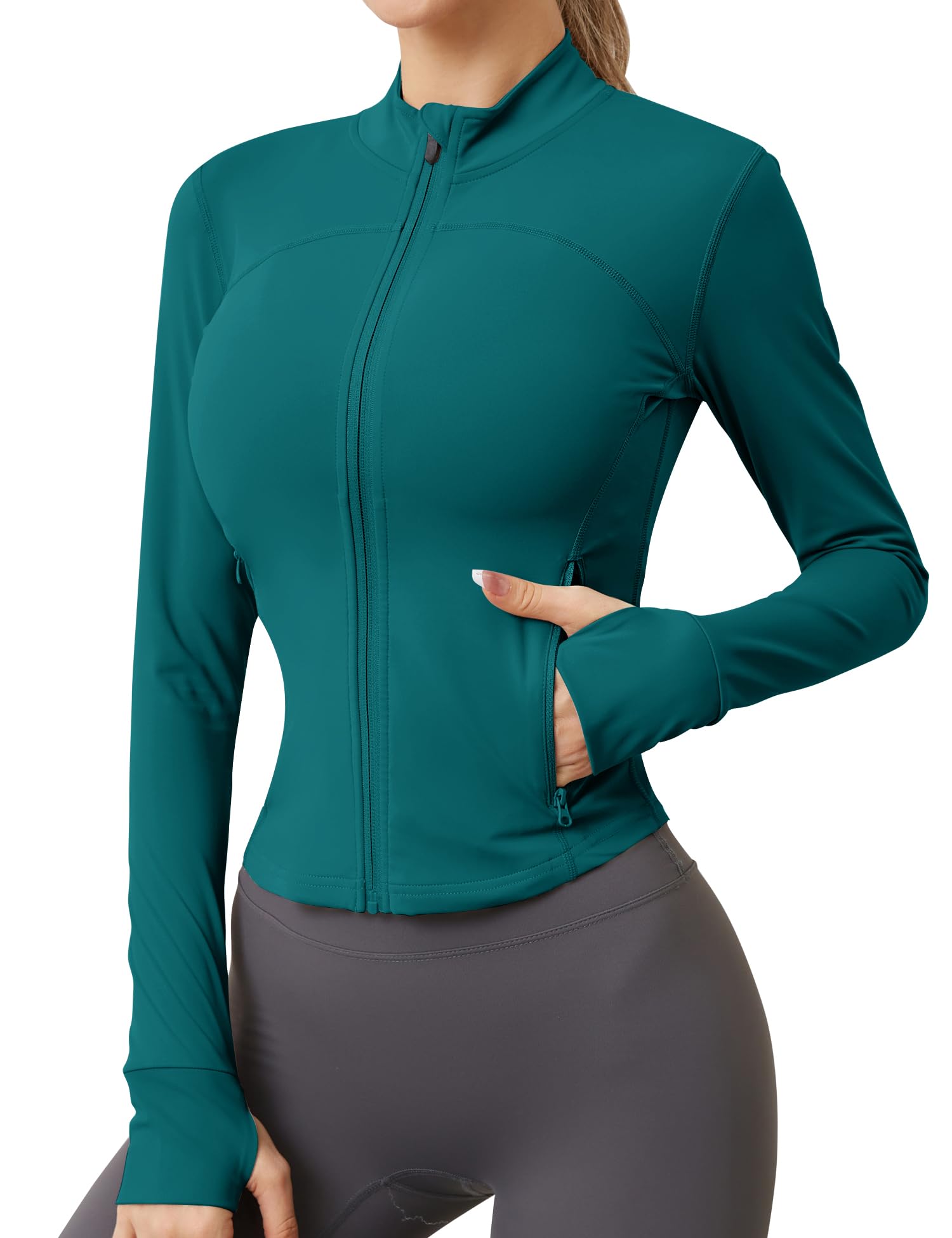 IECCP Damen Sportjacke Laufjacke Langarm Gym Tops Yoga Fitness Sport Oberteile Zwei Reißverschlusstaschen Leicht Trainingsjacke mit Daumenloch