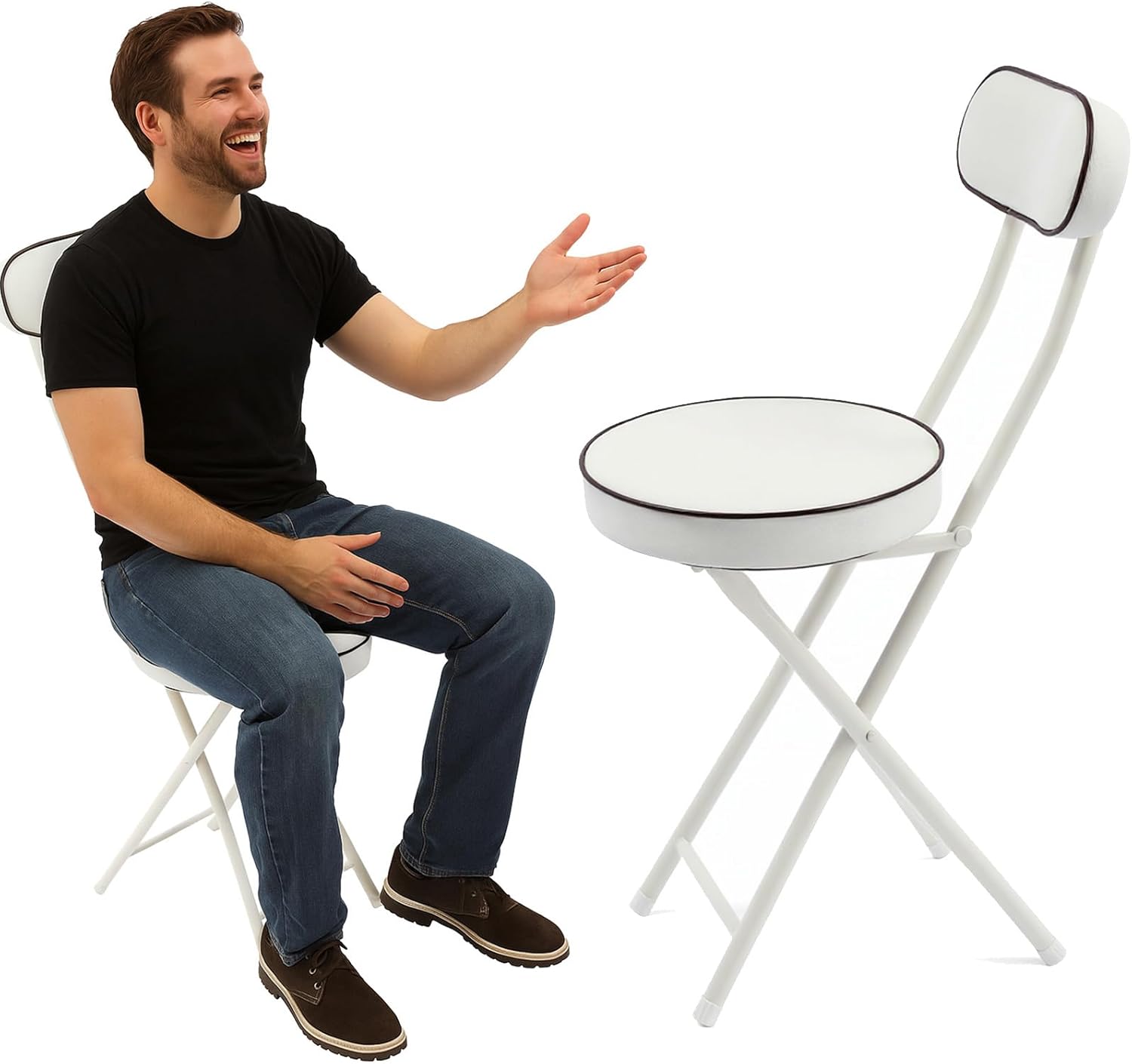 Folding Bar Stool with Backrest Set of 2, White Modern Foldable Counter Tall Chairs with PU Cushion, Portable Steel Frame 25.6" Height Stools for Kitchen Island Cafe