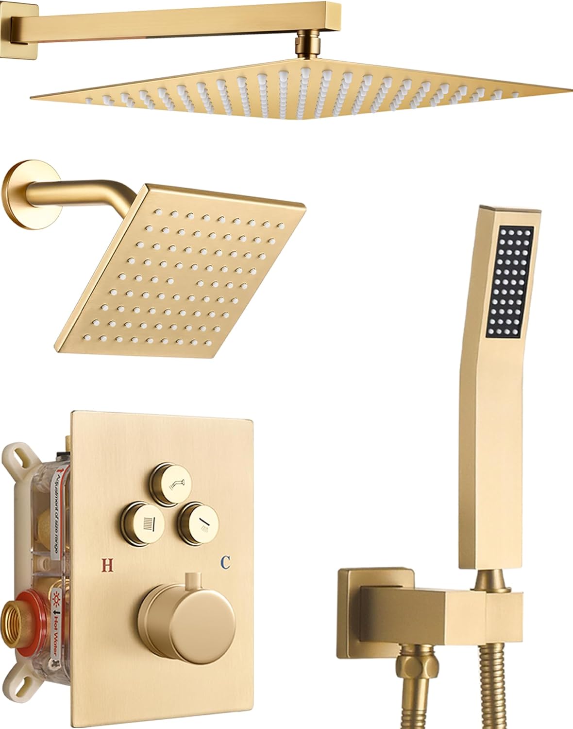 Thermostatic Shower Faucet System Set Brushed Gold,RomceBath Dual 12+ 6" Wall Mount Rainfall Shower Head with Can Use All at Once Push Button 3-Way Modes Valve & Trim Kit & Handheld Sprayer Combo
