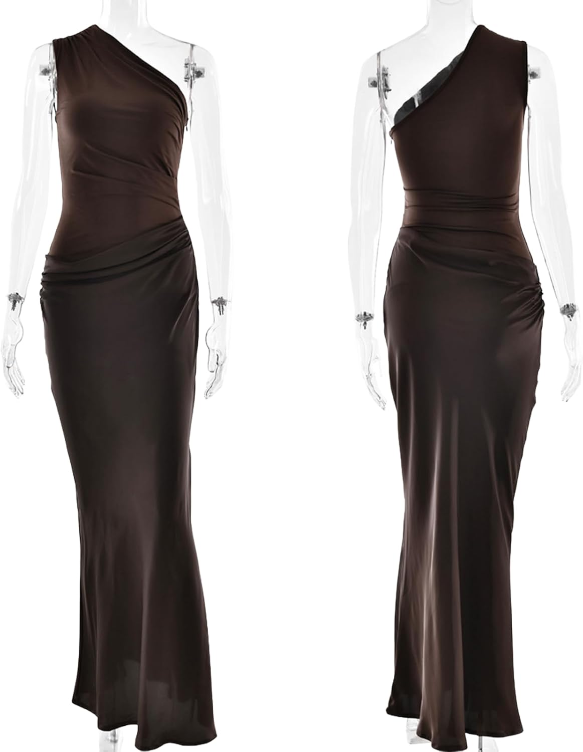 RARITYUS Women’s Elegant One Shoulder Maxi Dress Satin Ruched Bodycon Wedding Guest Dress Flowy Cocktail Evening Dresses