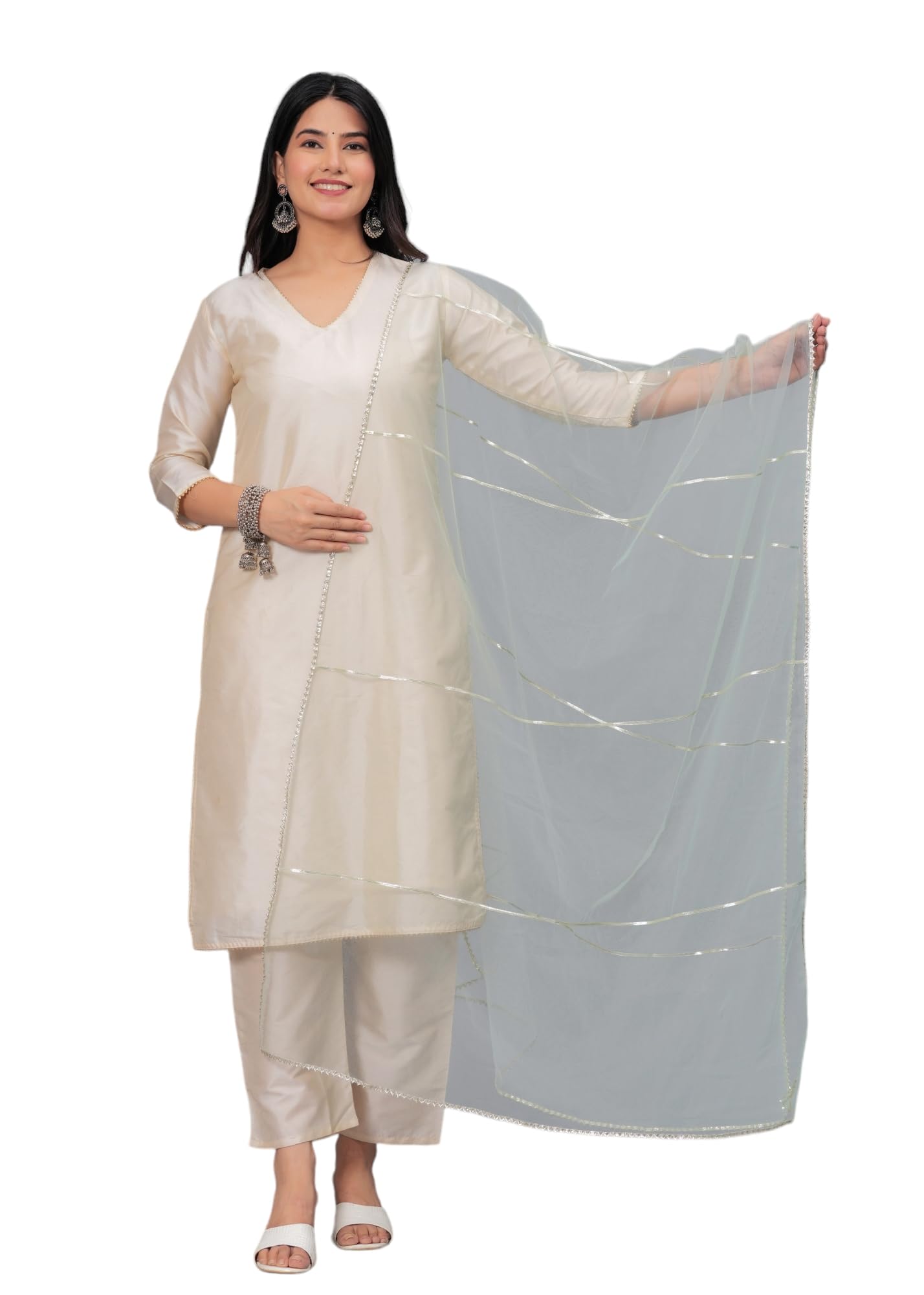 Stylum Women's Solid & Embellished Net Dupatta (Dupgreenmogra_Green)