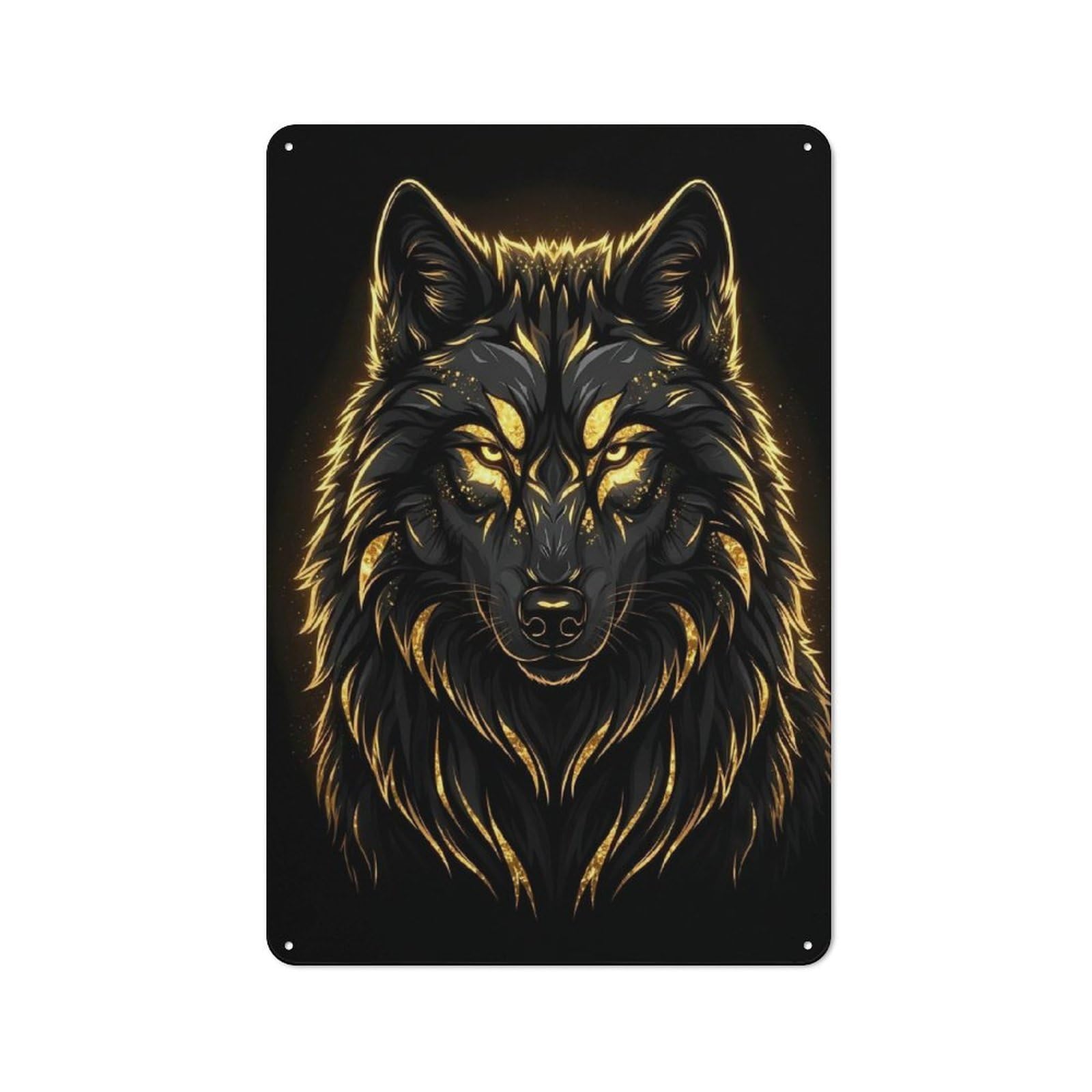 Junmoney Style-2 Golden Wolf Portrait On Black Background Retro Metal Wall Sign 30X20cm For Guest Room Or Hallway, A Housewarming Gift For Home Decor Collectors