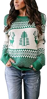 Cassiecy Womens Christmas Jumper Long Sleeve Xmas Reindeer Snowflakes Knitted Pullover Sweater