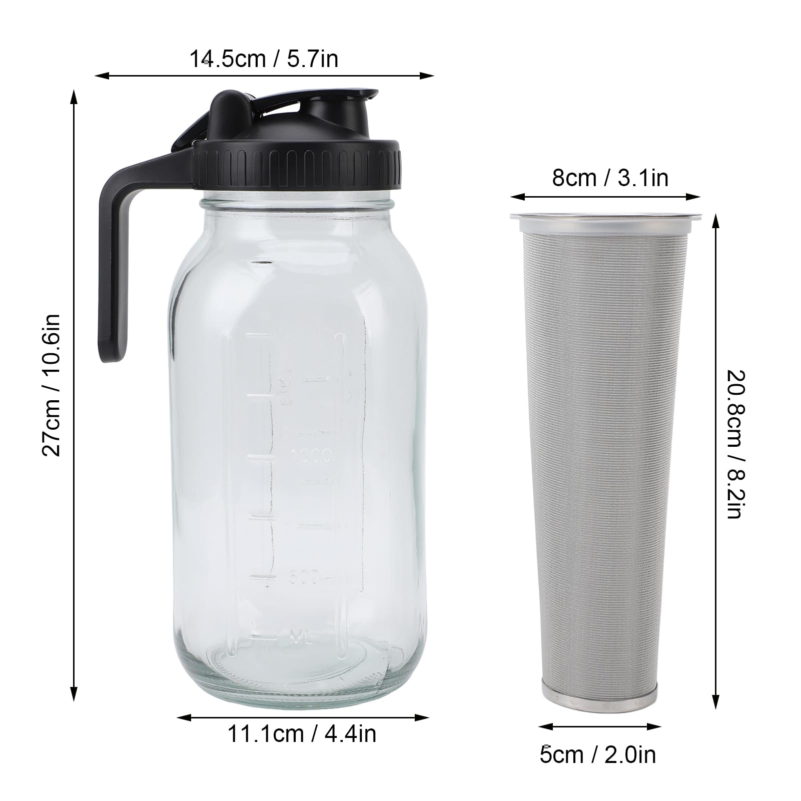 Cold Brew Coffee Maker Jar with Stainless Steel Filter Thick Glass Iced Coffee Pitcher Spout Lid Handle for Home Office Use Brew Overnight Dishwasher (2000ml)