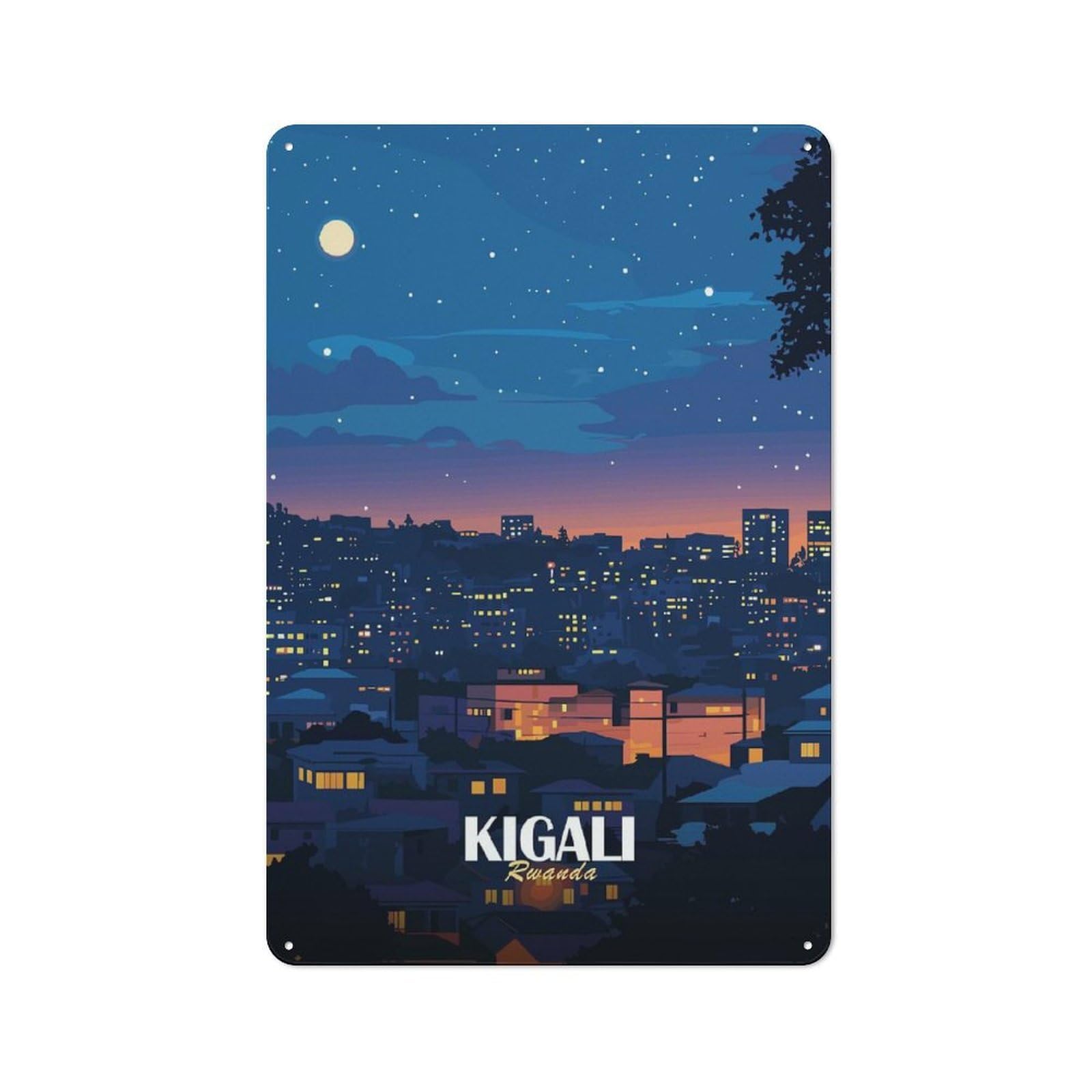 Junmoney Kigali Rwanda Cityscape At Night Tin Wall Plaque 30X20cm With For Guest Room Or Hallway, For Hallway Wall Decor Fans