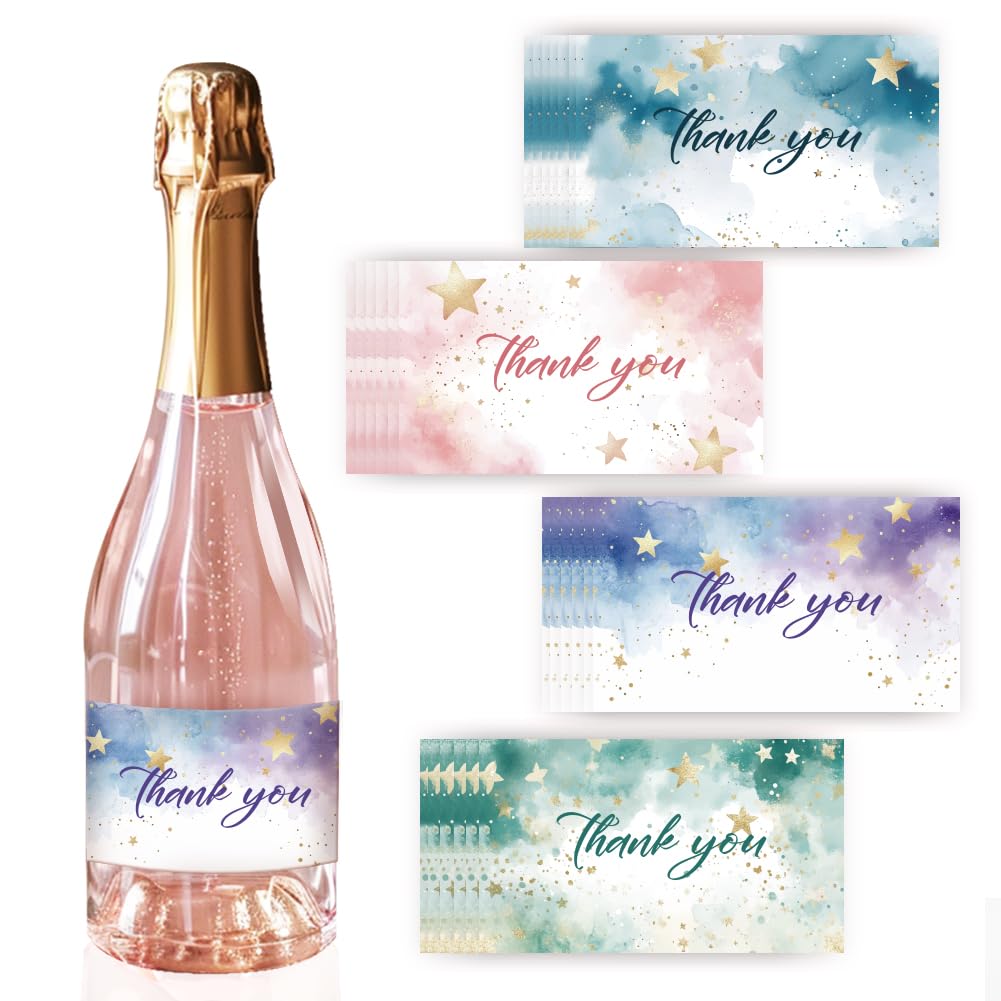 PH PandaHall 40pz Etichette per Bottiglie di Vino Adesivi per Bottiglie di Vino Thank You, 4 Stili Etichetta Adesiva per Vino Acquerello Stella Nuvola Etichetta Adesivo Cheers per Natale, 9x5cm