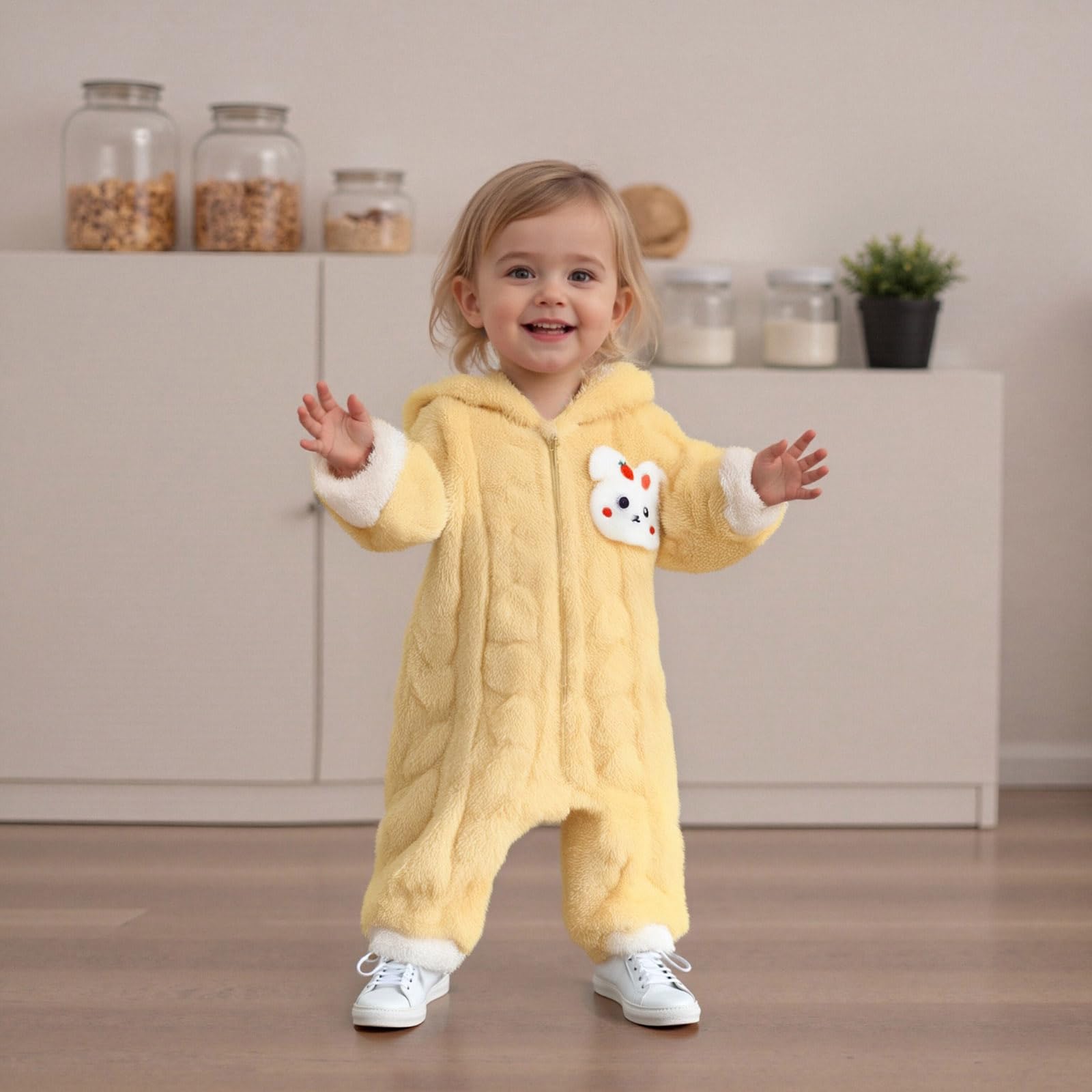 Baby Schneeanzüge Mädchen Winter Overall Outfit Langarm Manrel mit Kapuze 3D Kaninchen Warm Outfits Kleinkinder Fleece Kleidung mit Reißverschluss