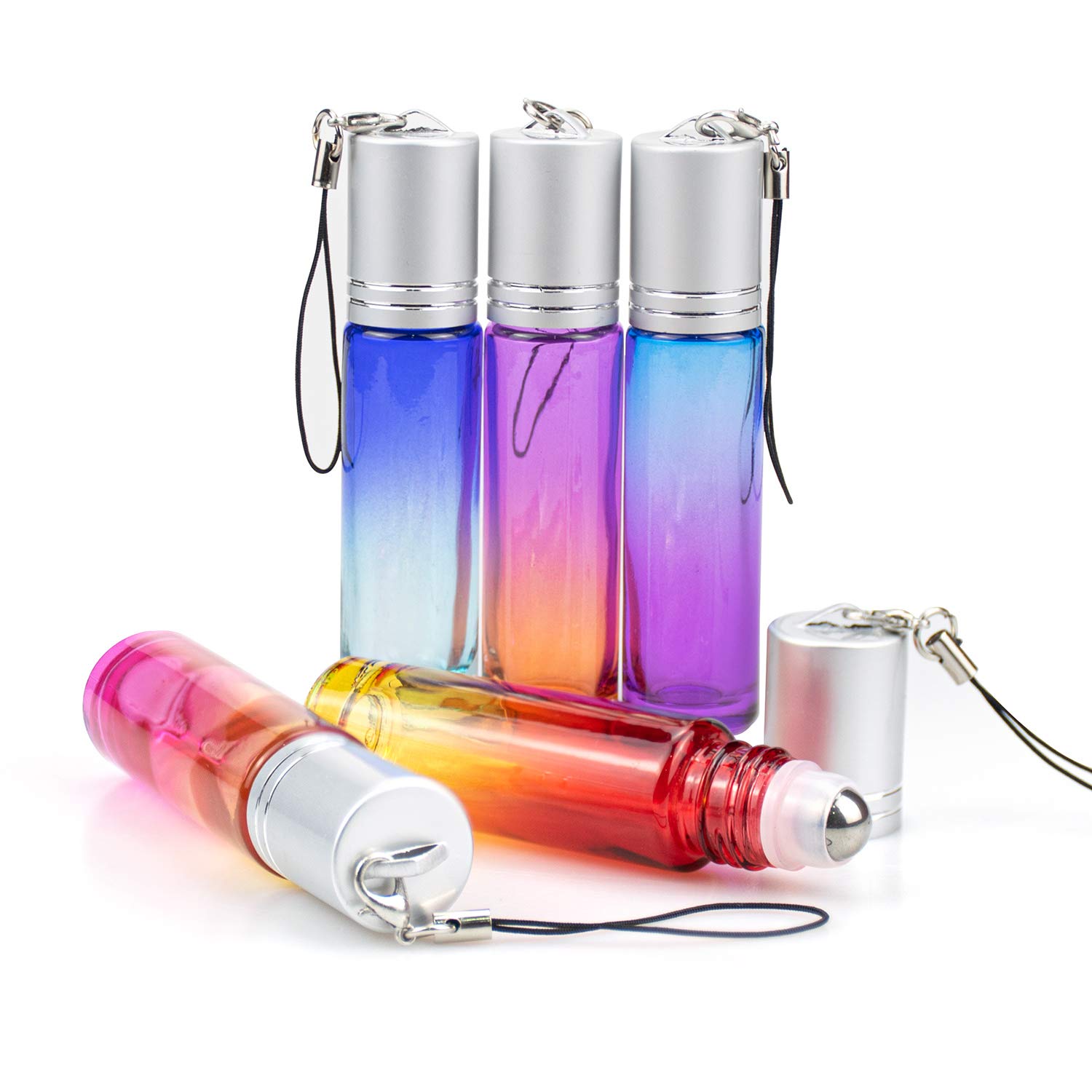 Foraineam Confezione da 24 bottiglie a rullo da 10 ml, in vetro con sfera in acciaio inox e coperchio argentato per appendere gli oli essenziali