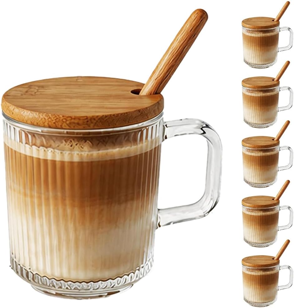 Goodsmart Glass Coffee Mugs with Handle, 6 Pack Glass Coffee Mugs with Lids, 12 OZ Large Coffee Mugs, Clear Glass Cups for Hot/Cold Beverages, Coffee Mugs Set of 6 for Americano, Latte, Cappuccino